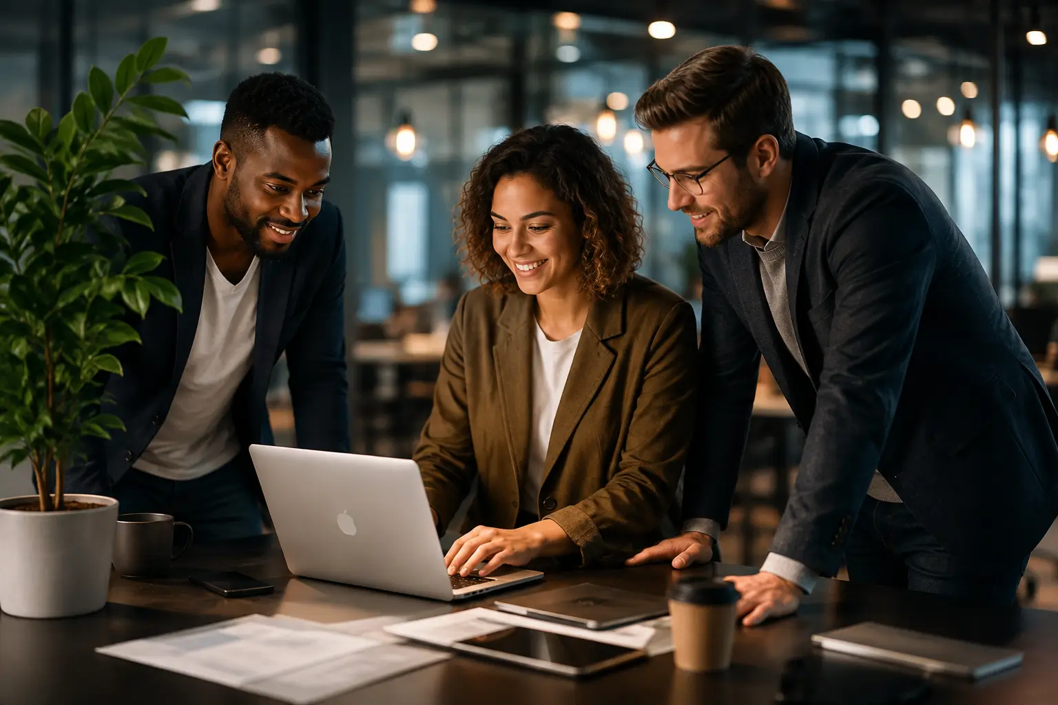 A diverse group of business professionals collaborating around a laptop in a modern office with warm lighting, premium corporate workspace, technology-focused meeting, smiling team, productivity, enterprise environment.