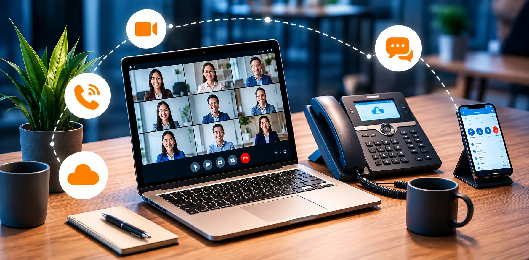 Orkestra Unified Communications Stack showing video conference, desk phone, and mobile integration